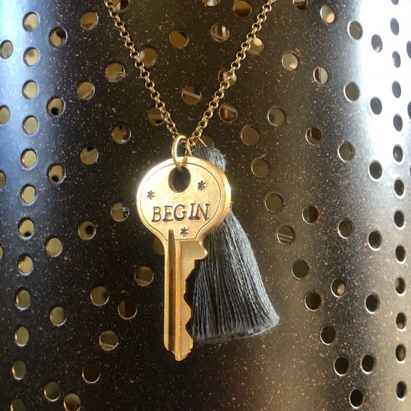 Vintage hand stamped key necklace - BEGIN w/tassel - Picture 2 of 3